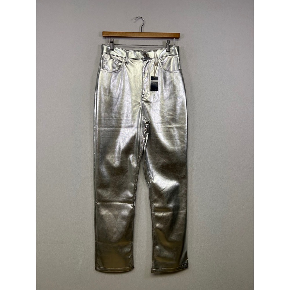 Metallic Retro Abercrombie & Fitch Womens 28/6 Silver Vegan Leather 90s Straight